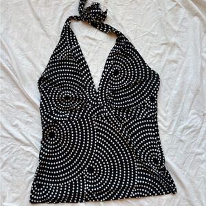 Janette Black and White polka dot swirl halter Top with Circular Pattern